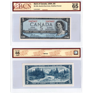 SOLD $5 1954 Bank of Canada Note Beattie-Rasminsky O/X Prefix BC-39b - BCS Gem UNC-65