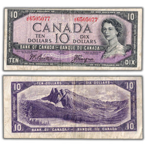 SOLD $10 1954 Bank of Canada Note Devil Face Beattie-Coyne J/D Final Prefix BC-32b - F/VF