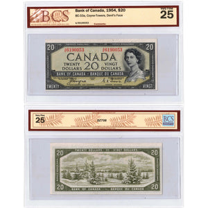 SOLD $20 1954 Bank of Canada Note Devil Face A/E Prefix BC-33a - BCS VF-25