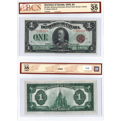 SOLD $1 1923 Dominion of Canada Note Bronze Seal Series P DC-25e- BCS VF-35