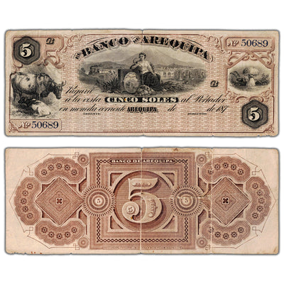 Peru El Banco de Arequipa 1870's 5 Soles Remainder Note P #S119 - F/VF (tears)