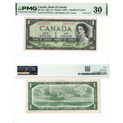 $1 1954 Bank of Canada Note T/A Prefix Solid Serial 7777777 BC-37a - PMG VF-30