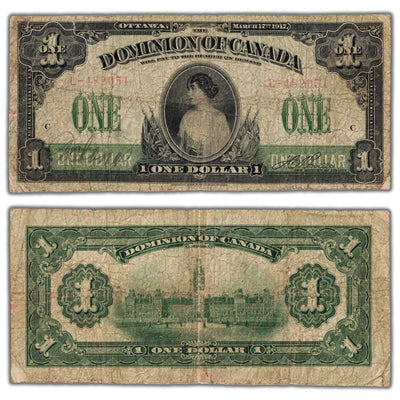 SOLD $1 1917 Dominion of Canada Note No Seal Series L DC-23a-ii
