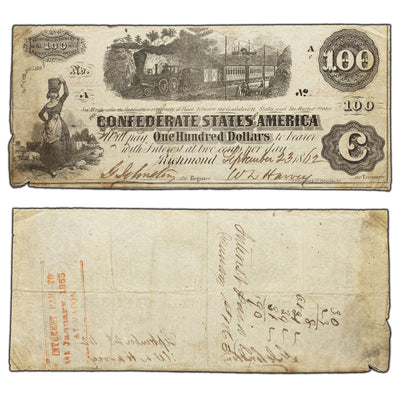 SOLD United States 1862 $100 One Hundred Dollars Confederate States Note