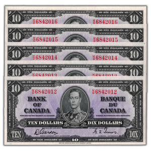SOLD $10 1937 Bank of Canada Note K/D Prefix BC-24b - 5 Consecutive