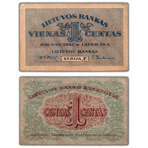 SOLD Lithuania 1922 1 One Centas Note P #7 - Small Internal Tear