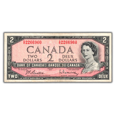 SOLD $2 1954 Bank of Canada Note Beattie-Rasminsky S/R Test Prefix BC-38bT - VF