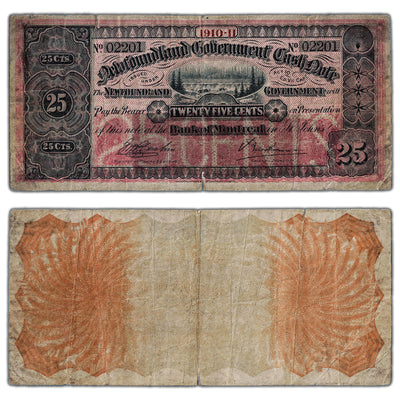 SOLD 25 Cents 1910-11 Newfoundland Government Cash Note NF-7a - Tear