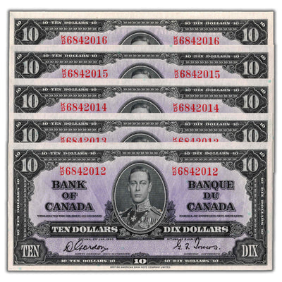 SOLD $10 1937 Bank of Canada Note K/D Prefix BC-24b - 5 Consecutive