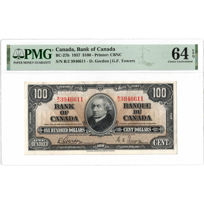 SOLD $100 1937 Bank of Canada Note Gordon-Towers B/J Prefix BC-27b - PMG UNC-64 EPQ