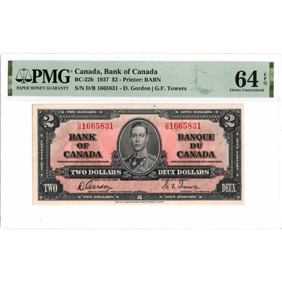 SOLD $2 1937 Bank of Canada Note Gordon-Towers D/B Prefix BC-22b - PMG Ch UNC-64 EPQ