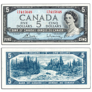 SOLD $5 1954 Bank of Canada Note Bouey-Rasminsky T/X Prefix BC-39c - VF+