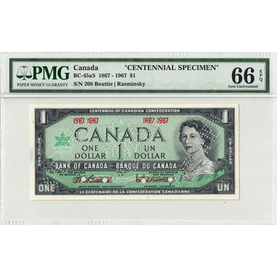 SOLD $1 1967 Bank of Canada Note Centennial Specimen BC-45aS - PMG Gem UNC-66 EPQ