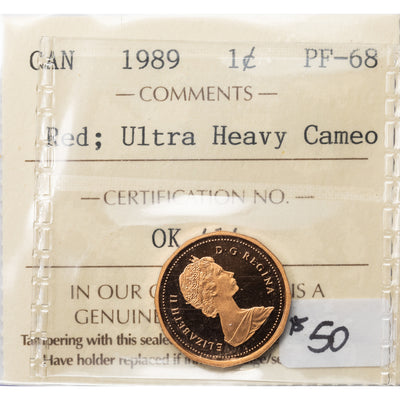 SOLD Canada 1989 1 Small Cent Coin - ICCS PF-68 Red UHC