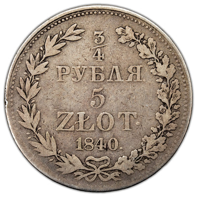 SOLD Poland 1840 MW 3/4 Rouble / 5 Złotych Silver Coin