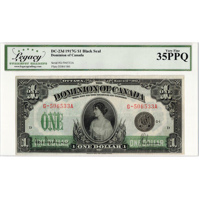SOLD $1 1917 Dominion of Canada Note Saunders Seal Only Series G DC-23d - Legacy VF-35 PPQ