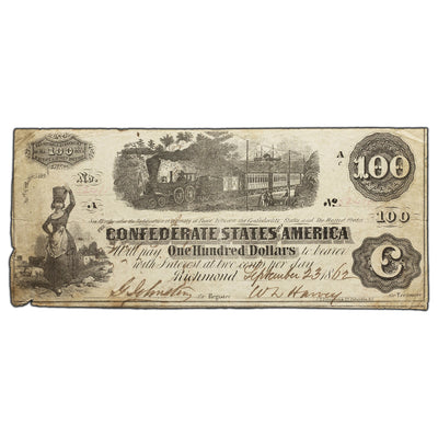 SOLD United States 1862 $100 One Hundred Dollars Confederate States Note