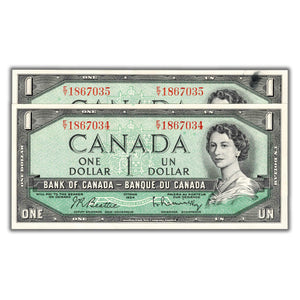 SOLD $1 1954 Bank of Canada Notes E/Y Prefix BC-37b - 2 Consecutive - Stain