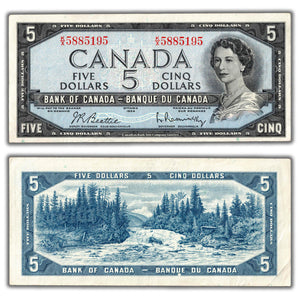 SOLD $5 1954 Bank of Canada Note Beattie-Rasminsky K/X Prefix BC-39b - VF/EF
