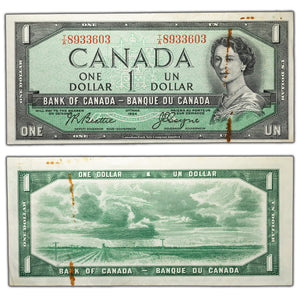 SOLD $1 1954 Bank of Canada Note T/A Changeover Prefix BC-37a (rust)