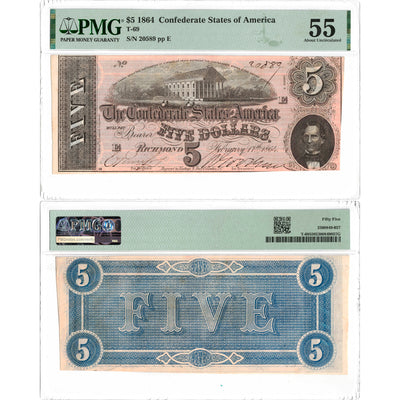 United States 1864 $5 Confederate States Note T-69 - PMG AU-55