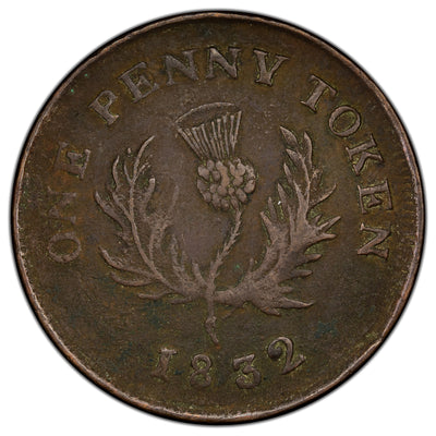 Nova Scotia 1832 Flat Top 1 / Engrailed Edge One Penny Token NS-4A1