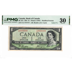 SOLD $1 1954 Bank of Canada Note T/A Prefix Solid Serial 7777777 BC-37a - PMG VF-30