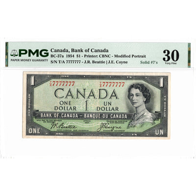 $1 1954 Bank of Canada Note T/A Prefix Solid Serial 7777777 BC-37a - PMG VF-30