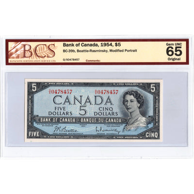 SOLD $5 1954 Bank of Canada Note Beattie-Rasminsky O/X Prefix BC-39b - BCS Gem UNC-65