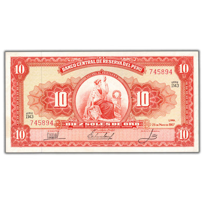 SOLD Peru 1967 10 Soles Note P #84a - AU/UNC