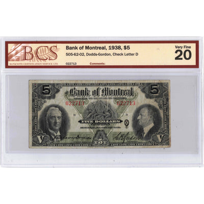 $5 1938 Bank of Montreal Canada Chartered Note #505-62-02 - BCS VF-20
