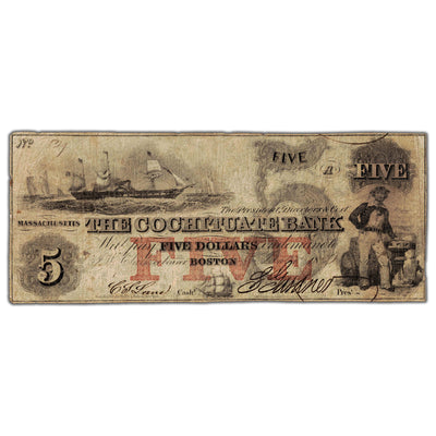 United States 1851 The Cochituate Bank $5 Five Dollars Obsolete Note - Pinholes
