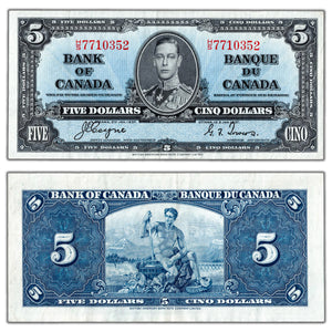 SOLD $5 1937 Bank of Canada Note Coyne-Towers H/S Prefix BC-23c - EF/AU