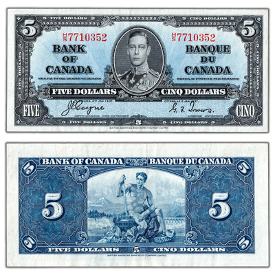 SOLD $5 1937 Bank of Canada Note Coyne-Towers H/S Prefix BC-23c - EF/AU