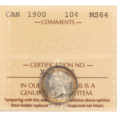 Canada 1900 10 Cents Dime Silver Coin - ICCS MS-64