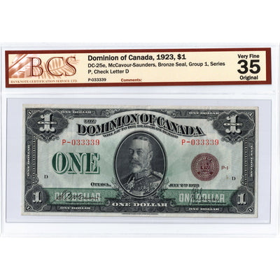 SOLD $1 1923 Dominion of Canada Note Bronze Seal Series P DC-25e- BCS VF-35