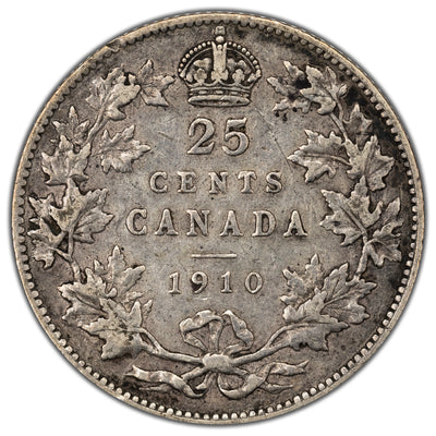 Canada 1910 25c Quarter Silver Coin - Very Fine