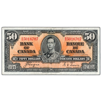 SOLD $50 1937 Bank of Canada Note Coyne-Towers B/H Prefix BC-26c - VF+