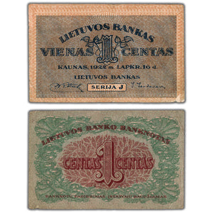 SOLD Lithuania 1922 1 One Centas Note P #7 - VF/EF