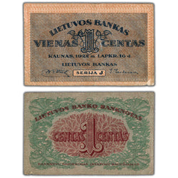 SOLD Lithuania 1922 1 One Centas Note P #7 - VF/EF