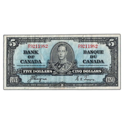 $5 1937 Bank of Canada Note Coyne-Towers Z/C Prefix BC-23c - VF