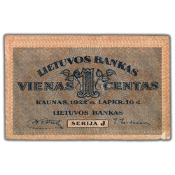 SOLD Lithuania 1922 1 One Centas Note P #7 - VF/EF