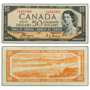 SOLD $50 1954 Bank of Canada Note Devil Face A/H Prefix BC-34a - VF