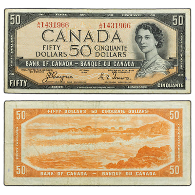 SOLD $50 1954 Bank of Canada Note Devil Face A/H Prefix BC-34a - VF