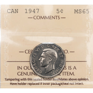 SOLD Canada 1947 5 Cents Nickel Coin - ICCS MS-65