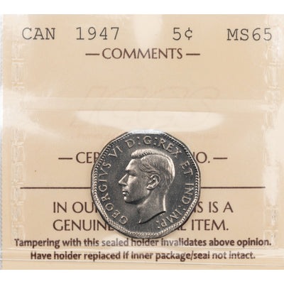 SOLD Canada 1947 5 Cents Nickel Coin - ICCS MS-65