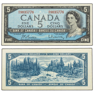 SOLD $5 1954 Bank of Canada Note Beattie-Rasminsky A/X Prefix BC-39b - VF/EF