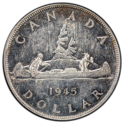 Canada 1945 Double HP 5/5 $1 Silver Dollar Coin - Almost Uncirculated