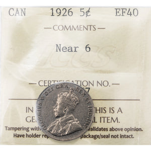 SOLD Canada 1926 Near 6 5 Cents Nickel Coin - ICCS EF-40
