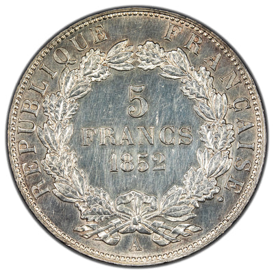 France 1852 A 5 Francs Silver Coin - Uncirculated (lightly cleaned)